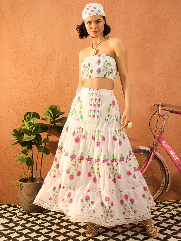Women Pink &amp; White Floral Tube Top With Tiered Skirt