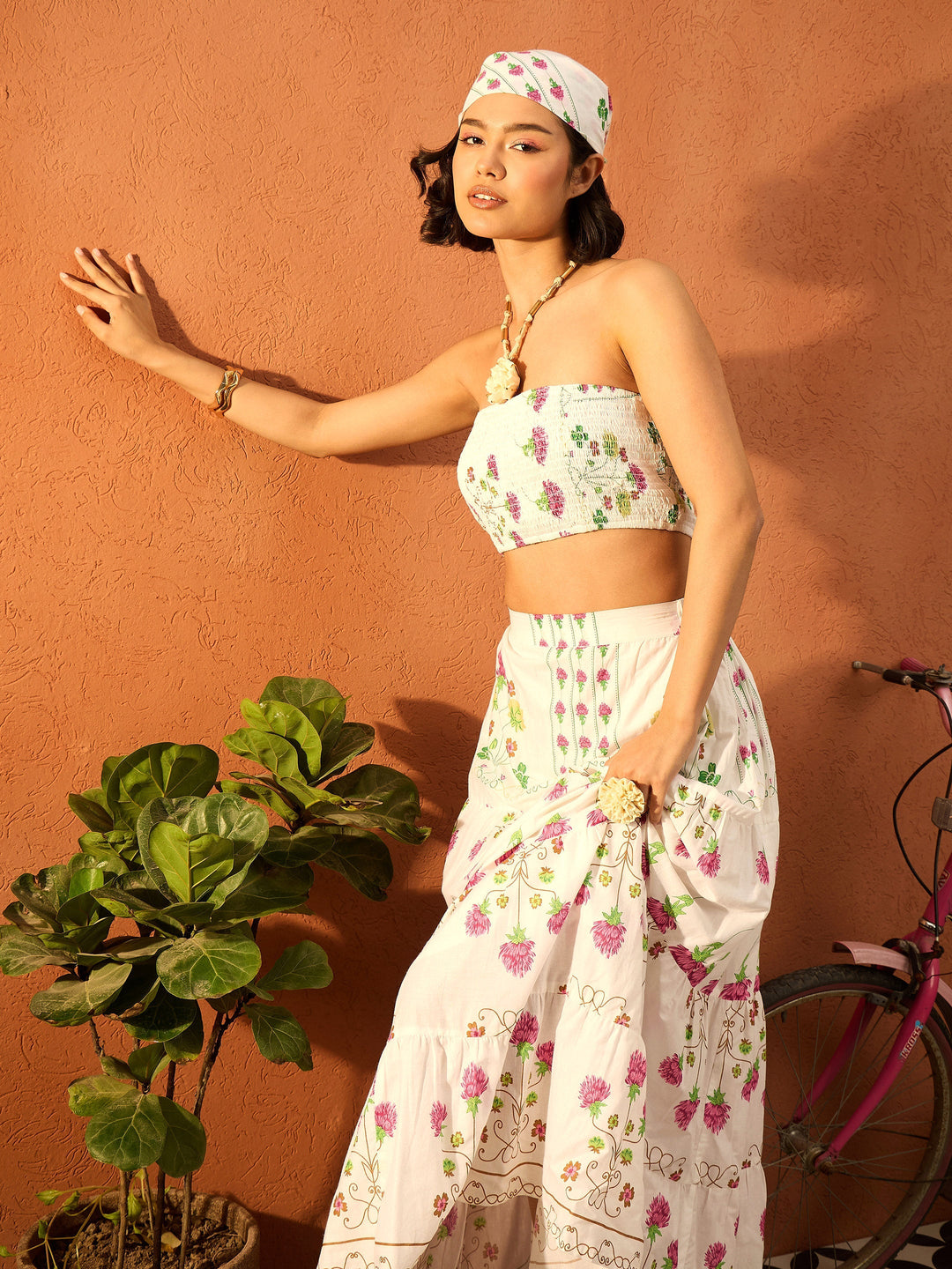 Women Pink &amp; White Floral Tube Top With Tiered Skirt