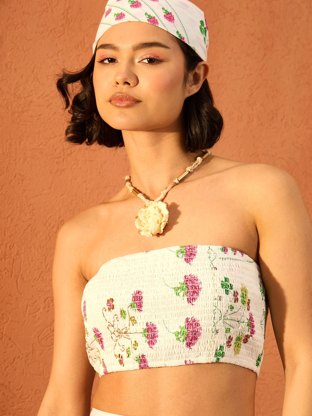 Women Pink &amp; White Floral Tube Top With Tiered Skirt