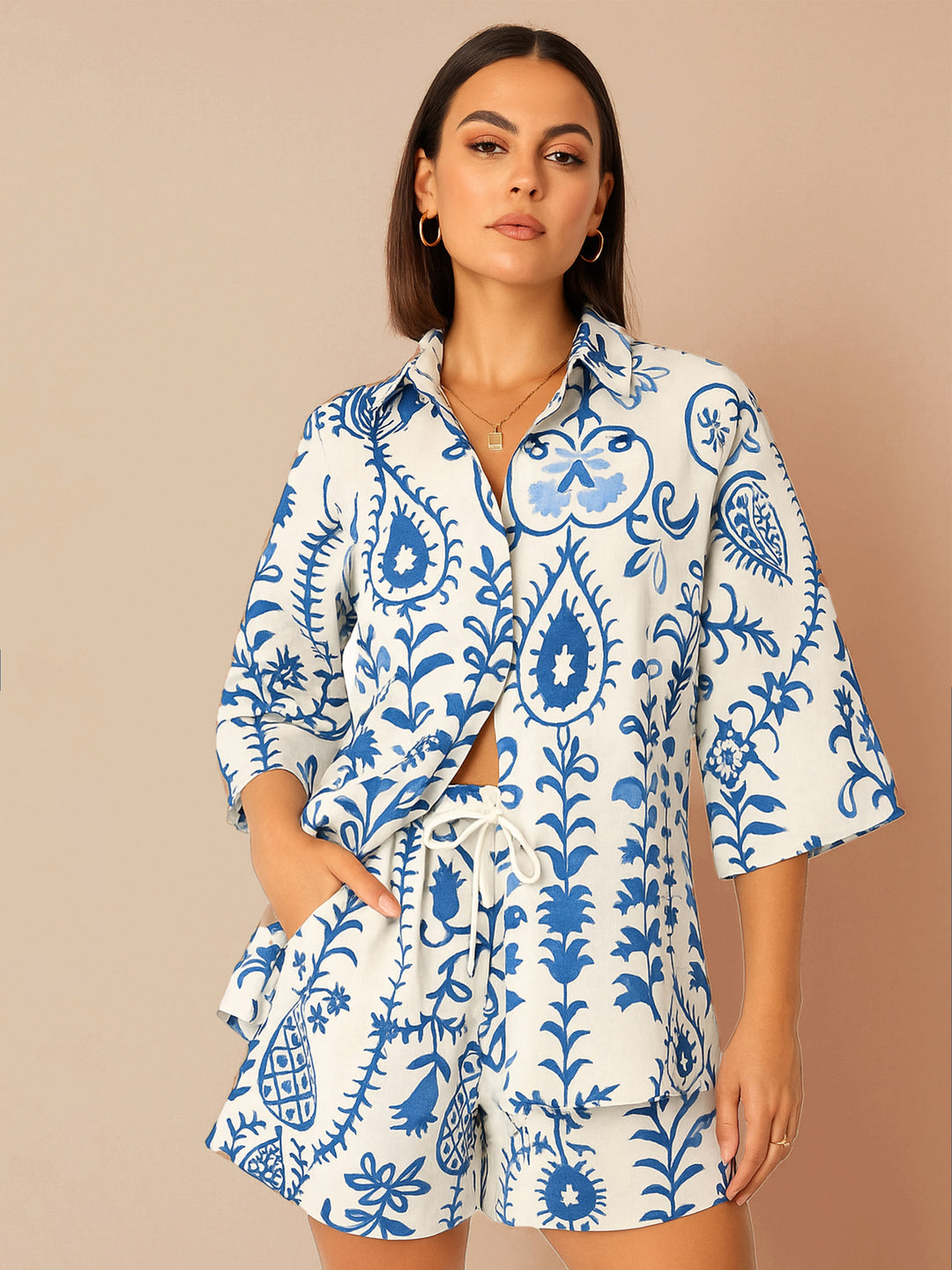 Women Blue &amp; White Floral Oversized Shirt With Shorts