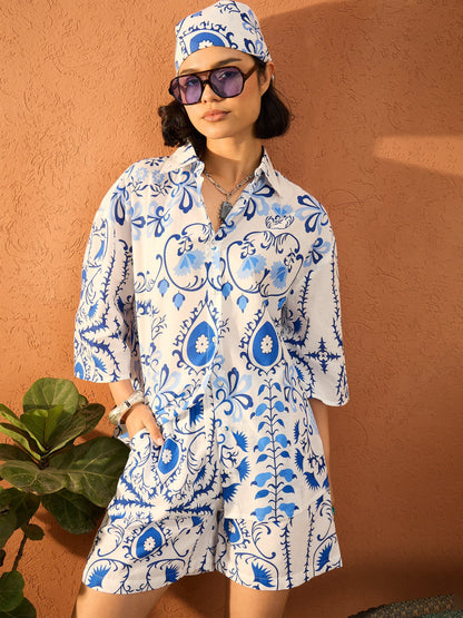 Women Blue & White Floral Oversized Shirt With Shorts