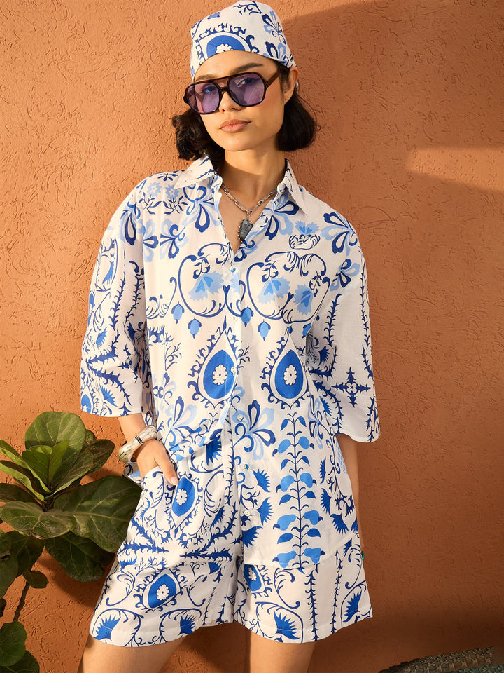 Women Blue &amp; White Floral Oversized Shirt With Shorts