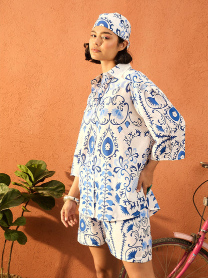 Women Blue & White Floral Oversized Shirt With Shorts