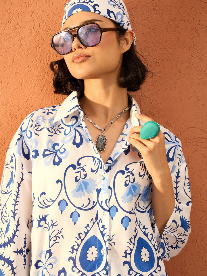 Women Blue &amp; White Floral Oversized Shirt With Shorts