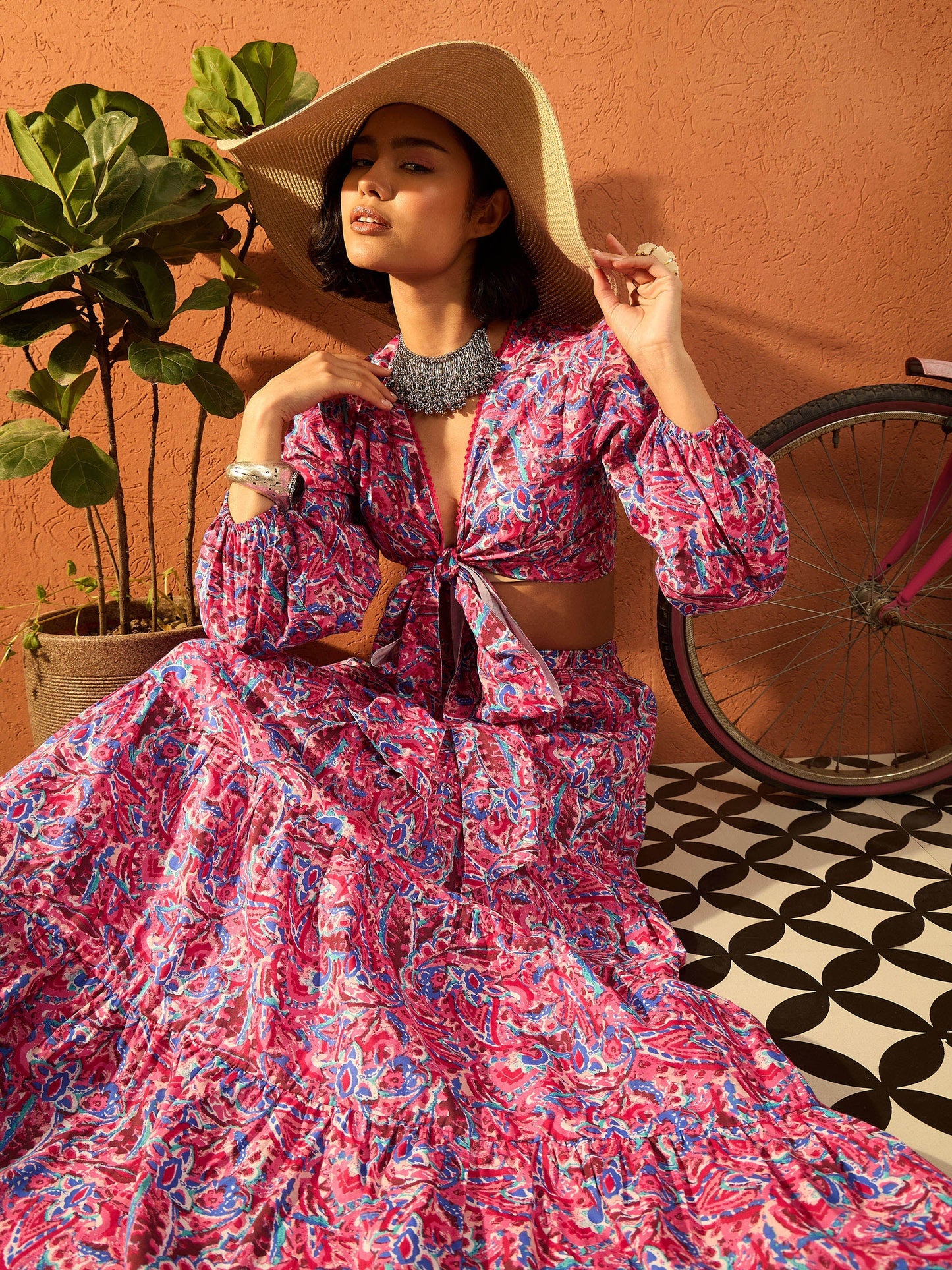 Women Pink Paisley Wrap Neck Top With Skirt