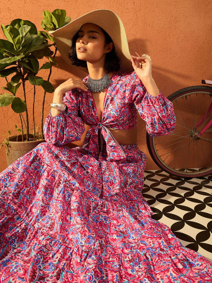 Women Pink Paisley Wrap Neck Top With Skirt