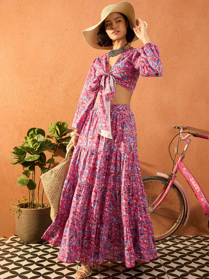 Women Pink Paisley Wrap Neck Top With Skirt