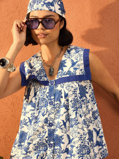 Women Blue & White V Neck Peplum Top With Pants