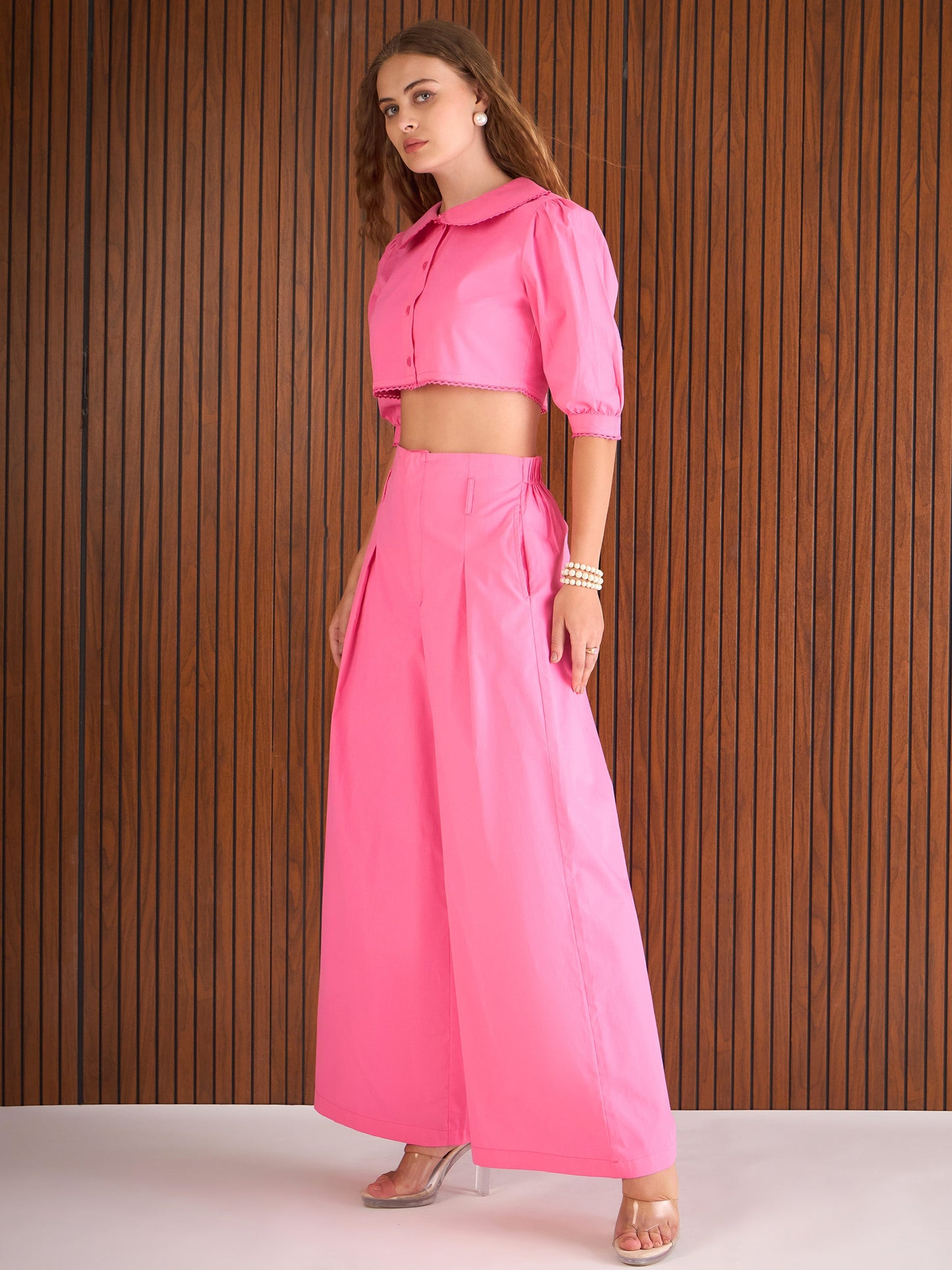 Women Pink Poplin Peterpan Collar Top With Flared Pants