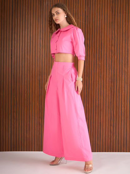 Women Pink Poplin Peterpan Collar Top With Flared Pants