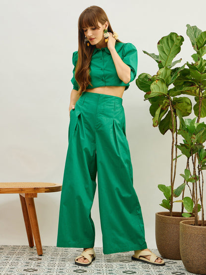Women Green Poplin Peterpan Collar Top With Flared Pants