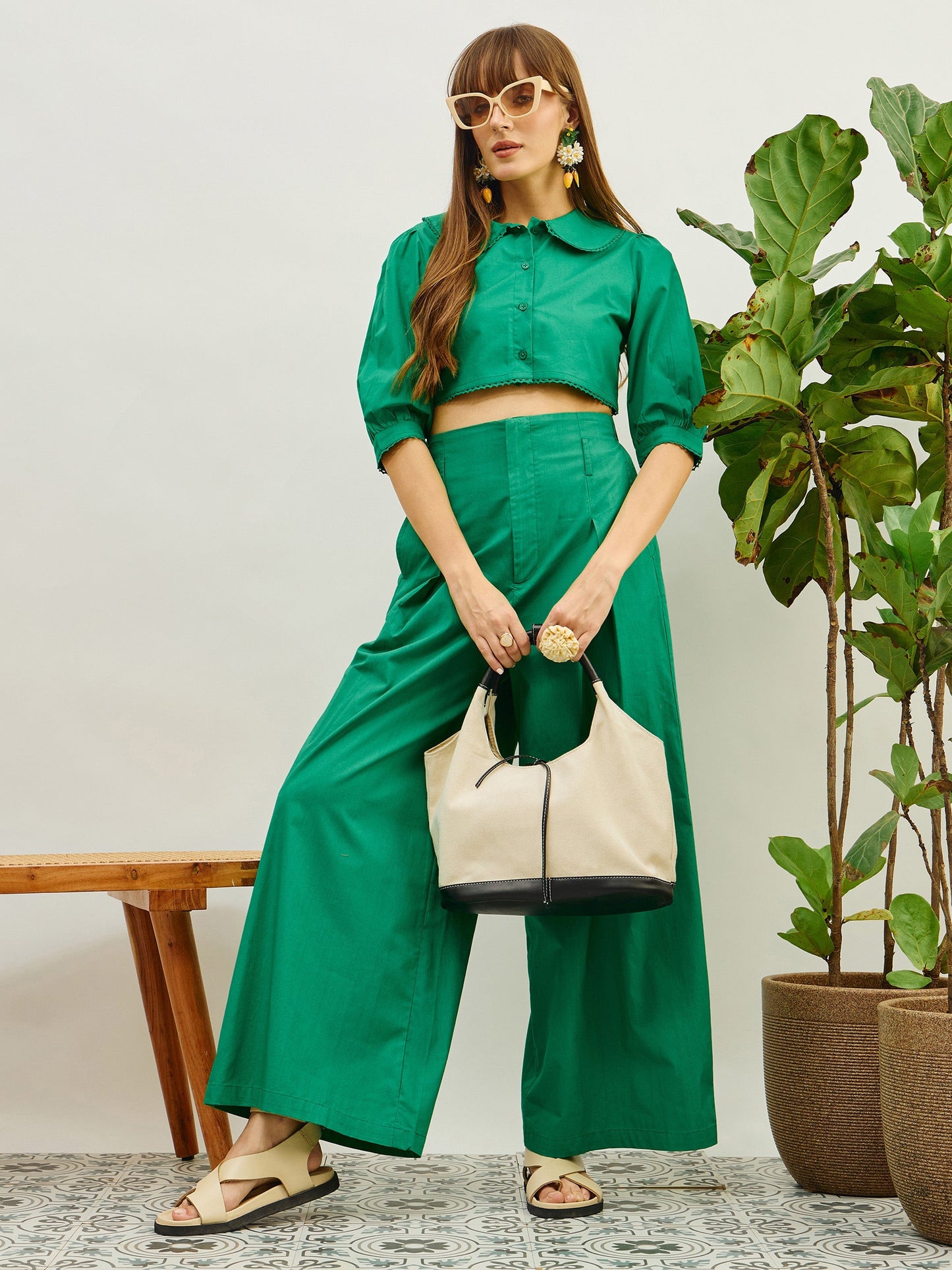 Women Green Poplin Peterpan Collar Top With Flared Pants