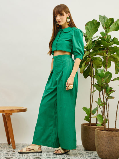 Women Green Poplin Peterpan Collar Top With Flared Pants