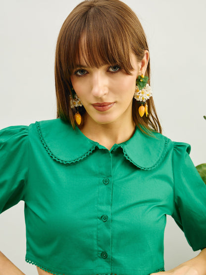 Women Green Poplin Peterpan Collar Top With Flared Pants