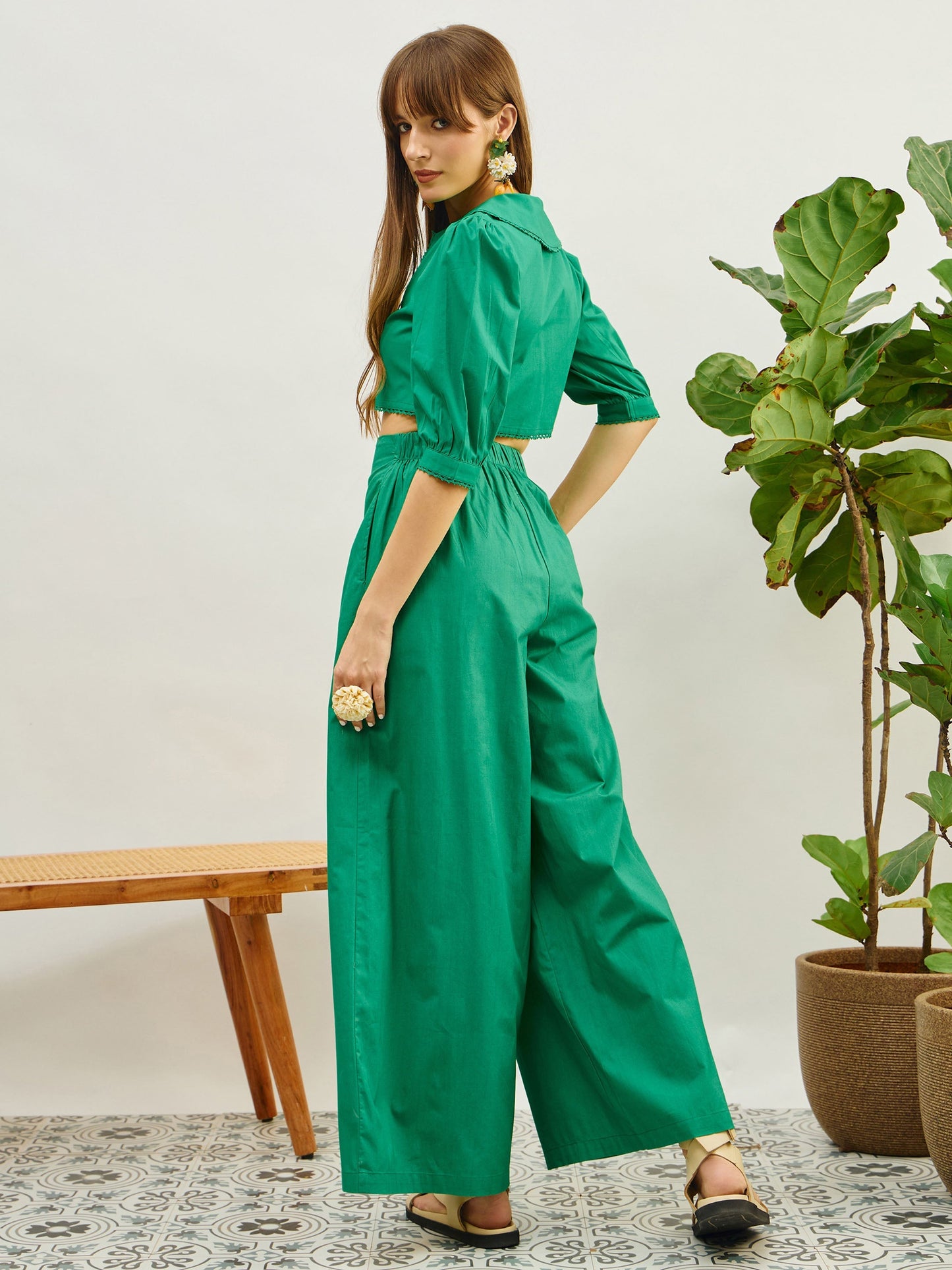 Women Green Poplin Peterpan Collar Top With Flared Pants