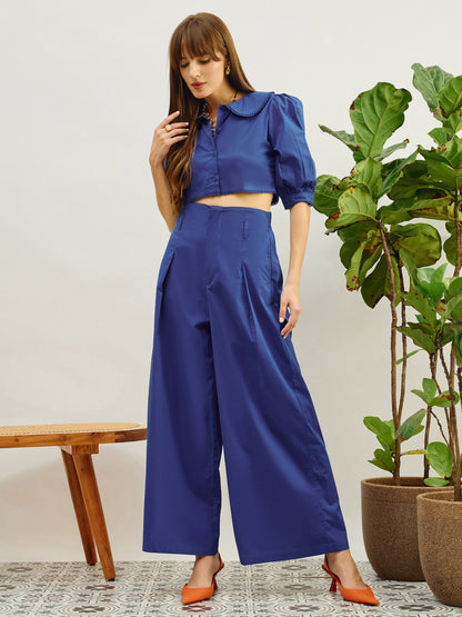 Women Blue Poplin Peterpan Collar Top With Flared Pants