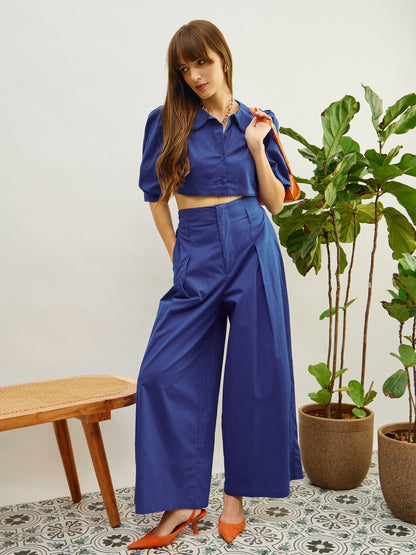Women Blue Poplin Peterpan Collar Top With Flared Pants