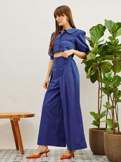 Women Blue Poplin Peterpan Collar Top With Flared Pants