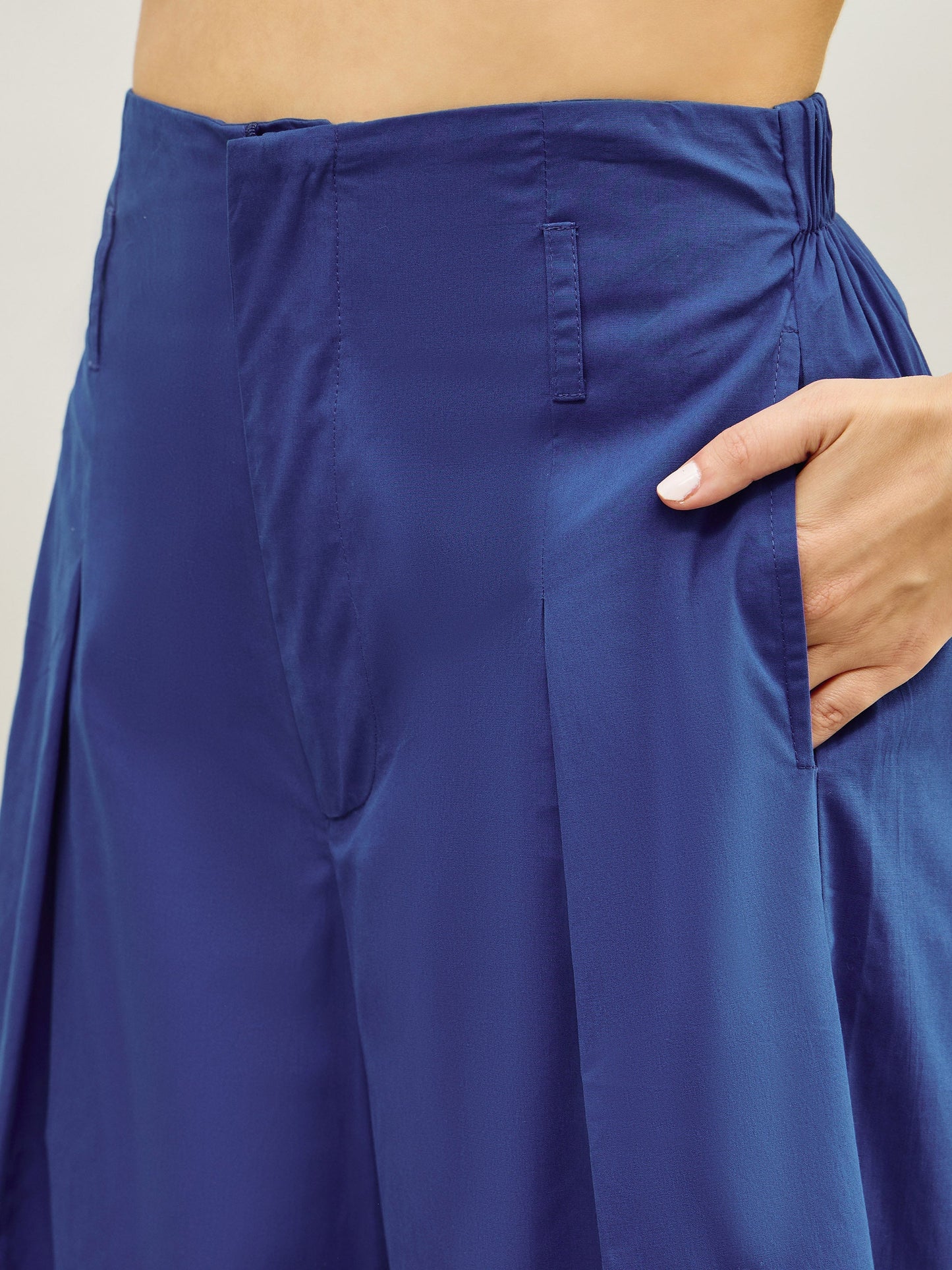 Women Blue Poplin Peterpan Collar Top With Flared Pants