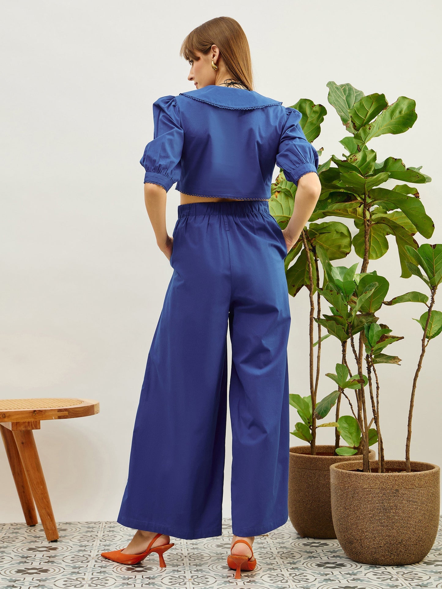 Women Blue Poplin Peterpan Collar Top With Flared Pants