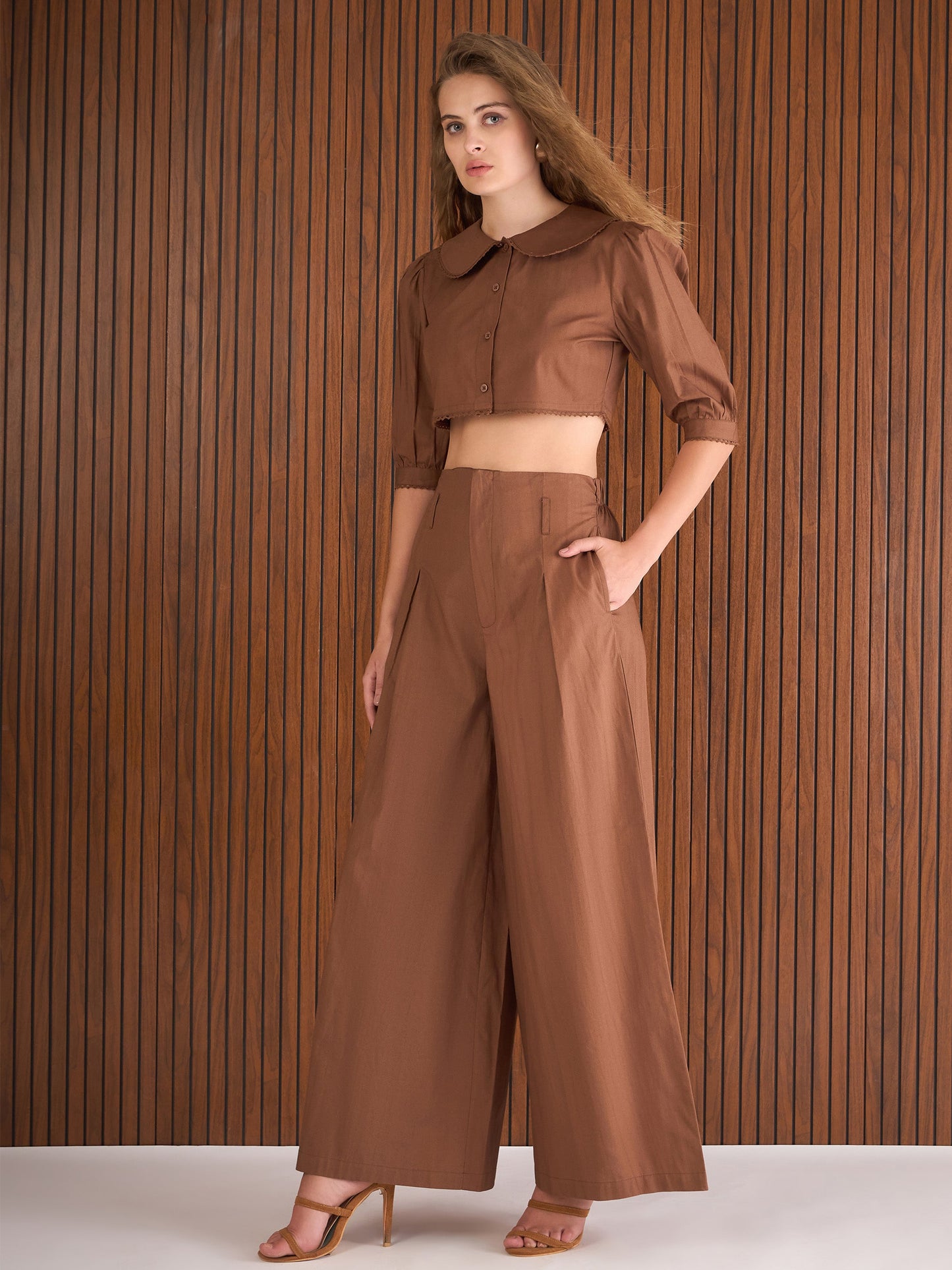 Women Brown Poplin Peterpan Collar Top With Flared Pants