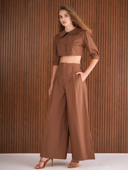 Women Brown Poplin Peterpan Collar Top With Flared Pants