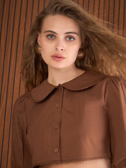 Women Brown Poplin Peterpan Collar Top With Flared Pants