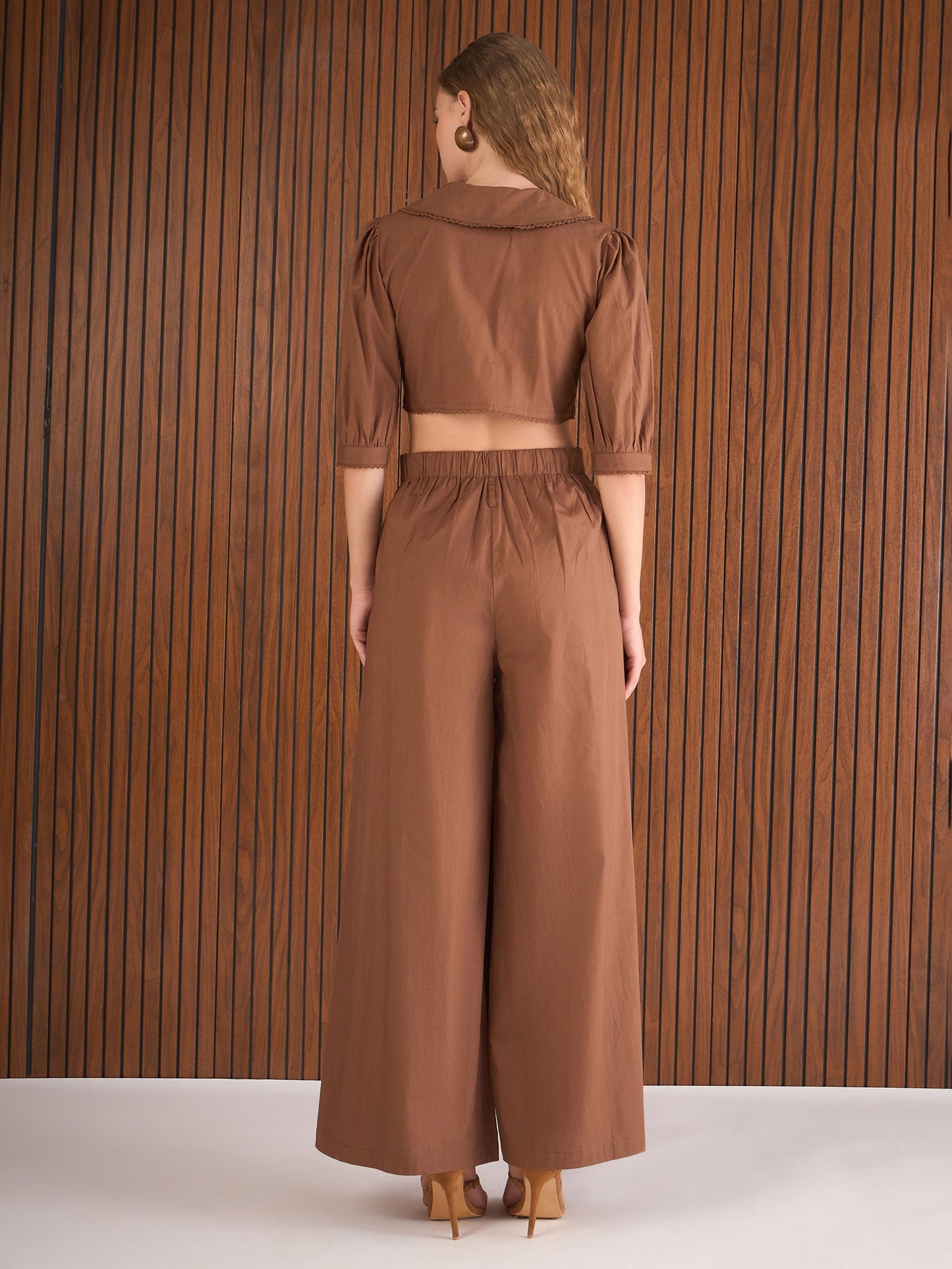 Women Brown Poplin Peterpan Collar Top With Flared Pants