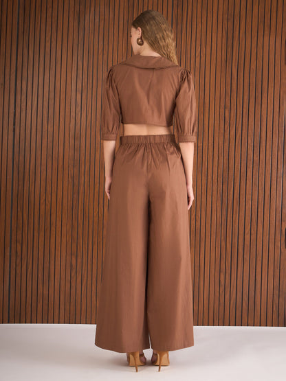 Women Brown Poplin Peterpan Collar Top With Flared Pants