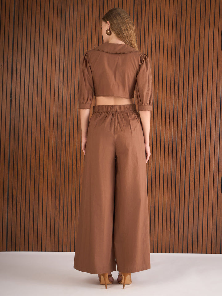 Women Brown Poplin Peterpan Collar Top With Flared Pants