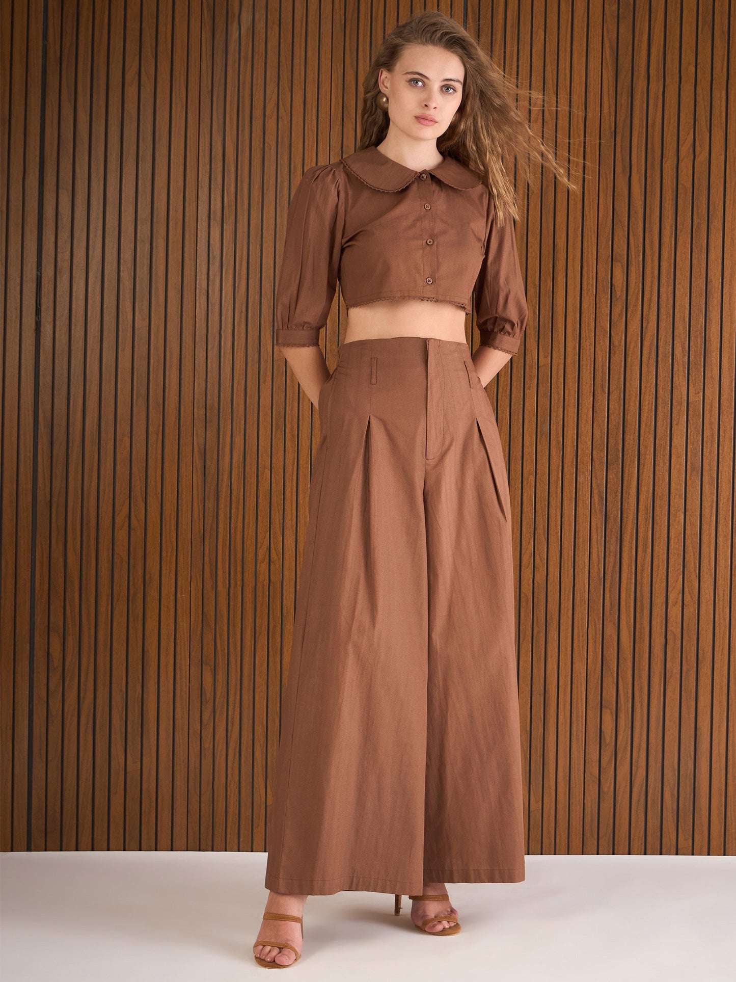 Women Brown Poplin Peterpan Collar Top With Flared Pants