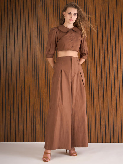 Women Brown Poplin Peterpan Collar Top With Flared Pants