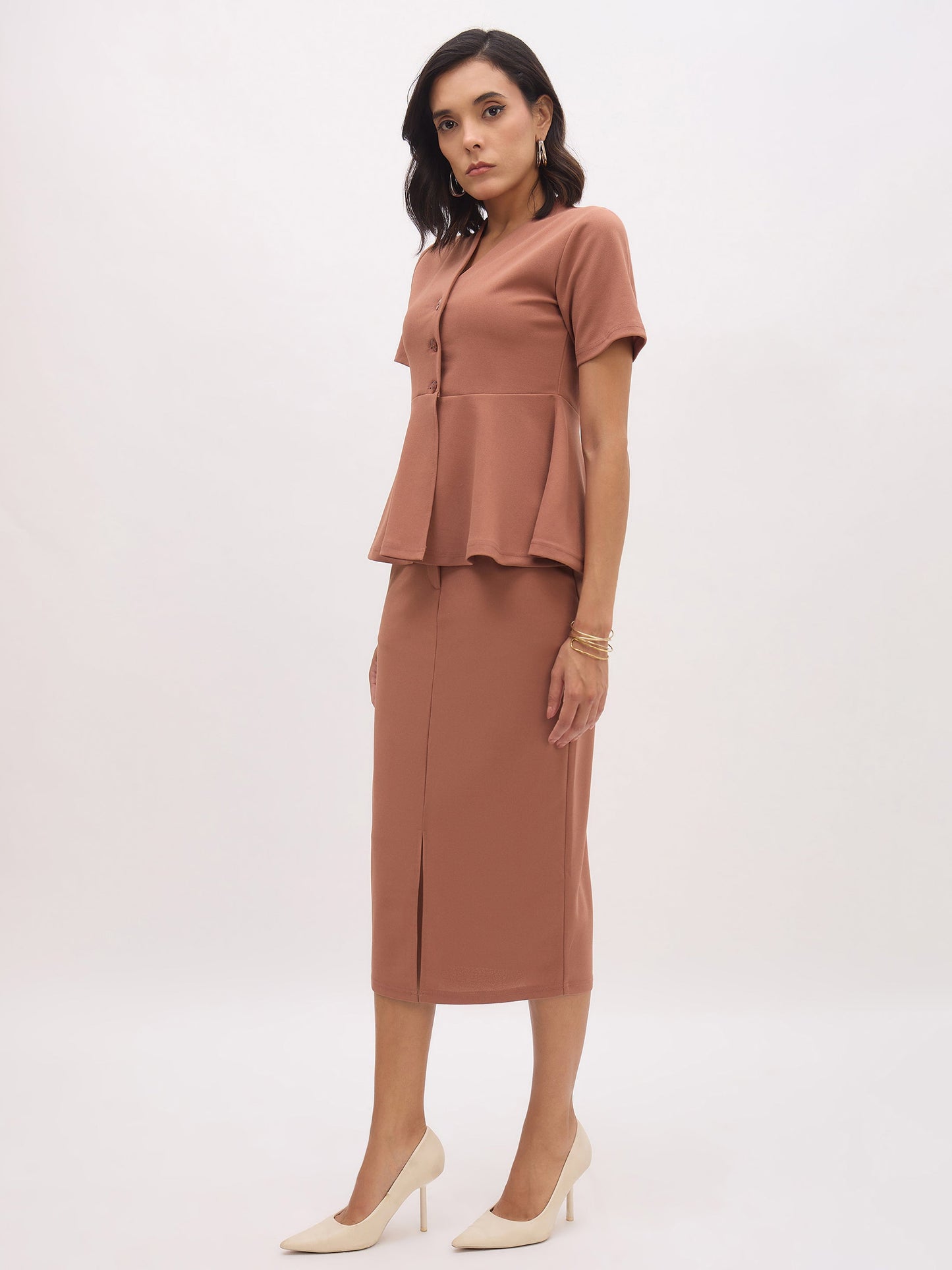 Rust Peplum Top With Midi Slit Skirt