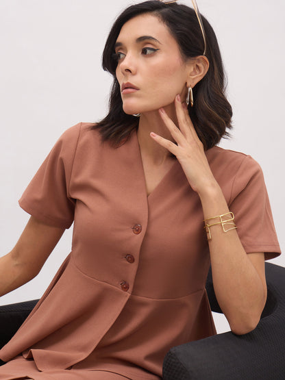 Rust Peplum Top With Midi Slit Skirt