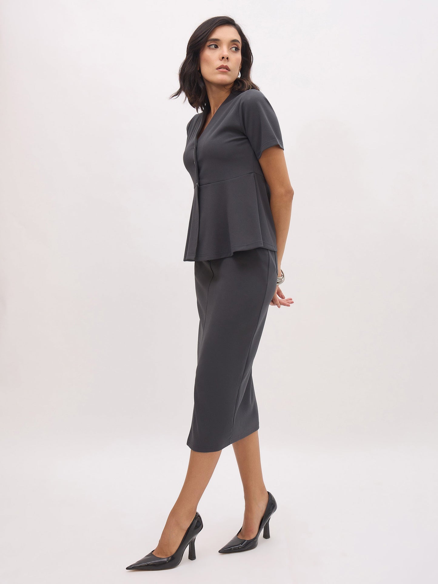 Grey Peplum Top With Midi Slit Skirt
