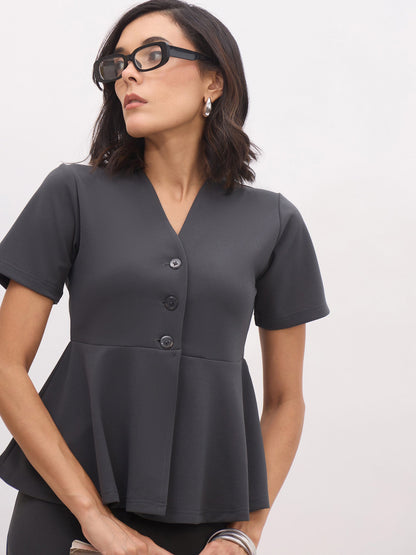 Grey Peplum Top With Midi Slit Skirt