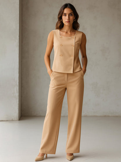 Beige Sleeveless Button Top With Straight Pants