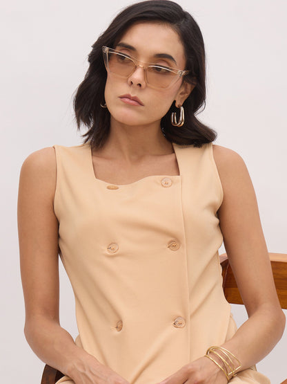 Beige Sleeveless Button Top With Straight Pants