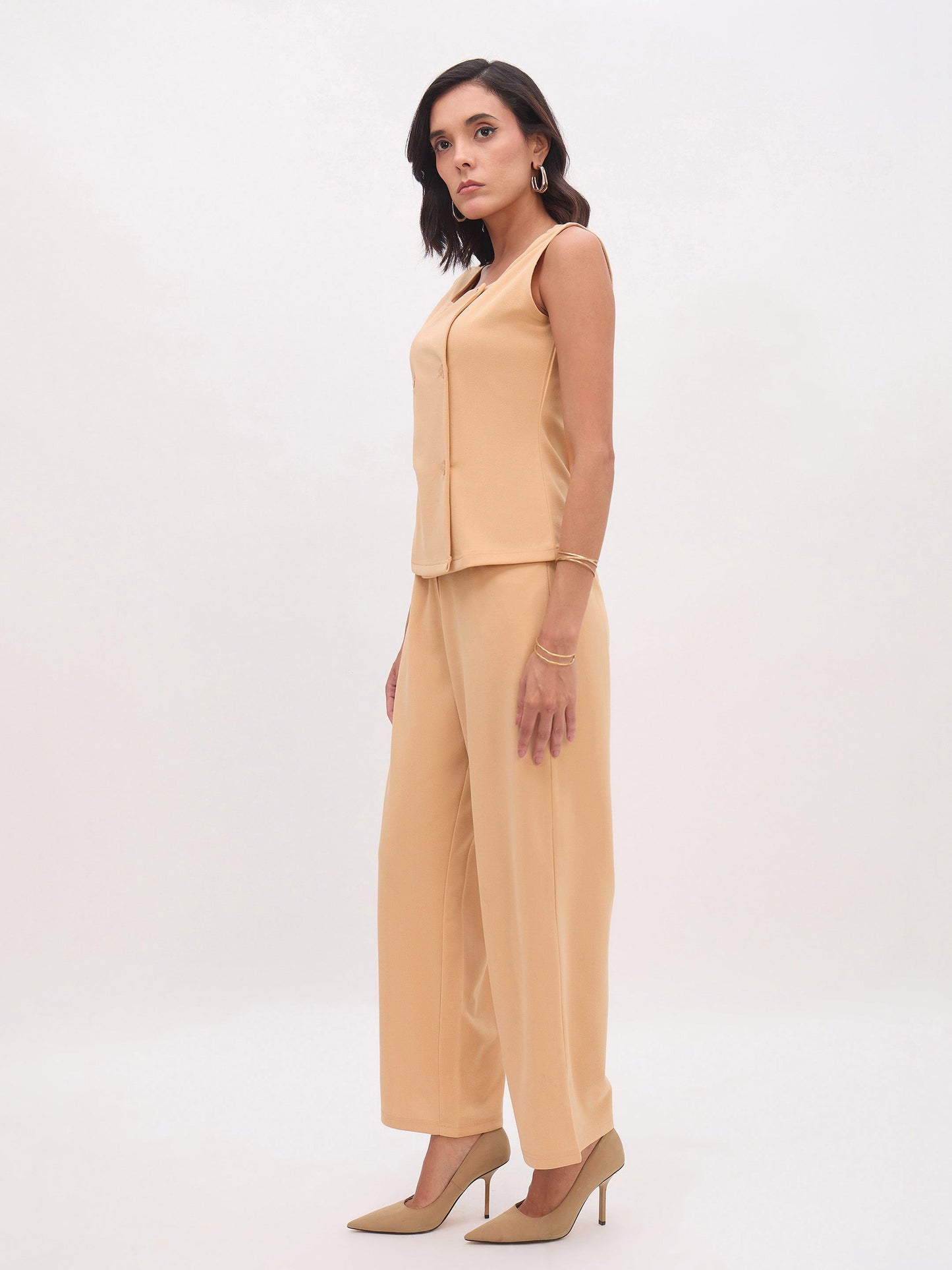 Beige Sleeveless Button Top With Straight Pants