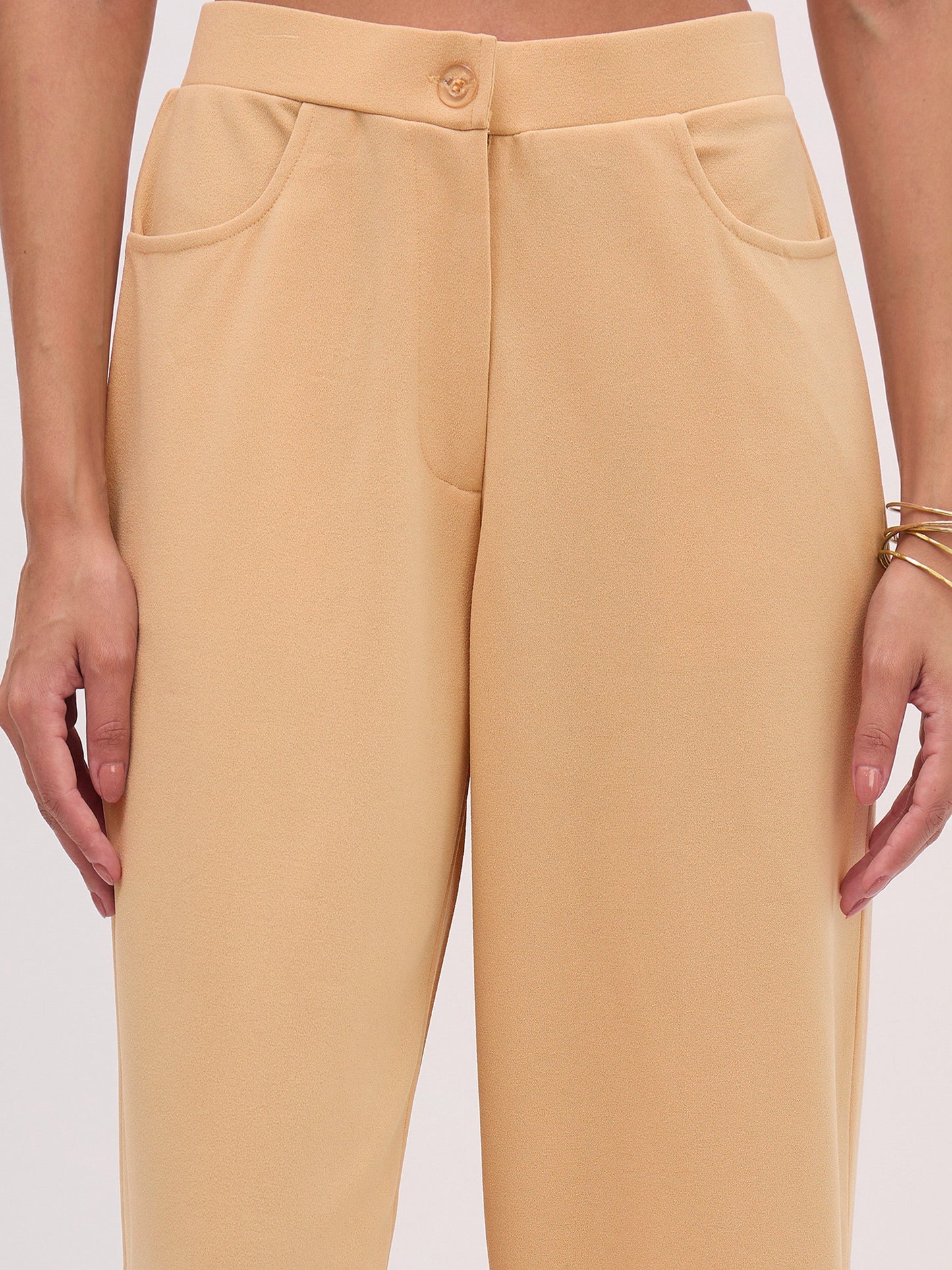 Beige Sleeveless Button Top With Straight Pants