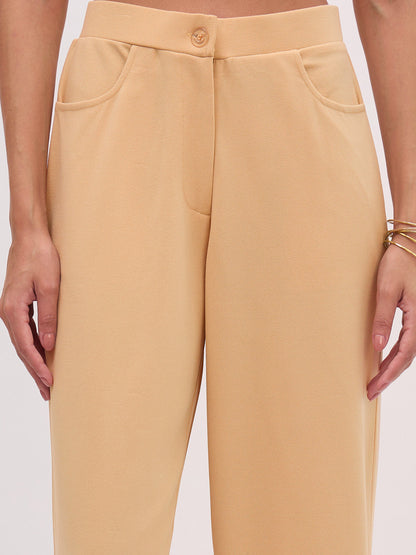 Beige Sleeveless Button Top With Straight Pants