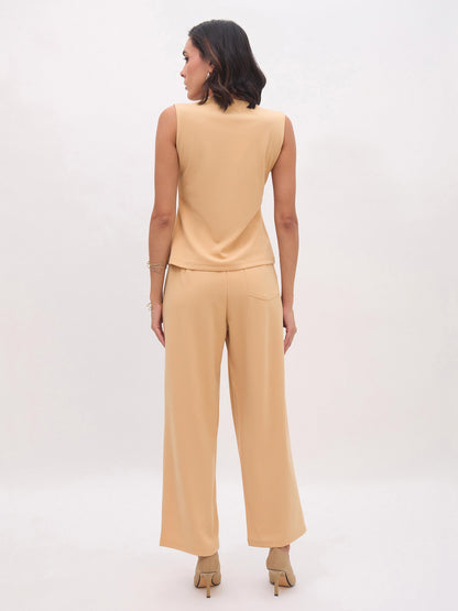 Beige Sleeveless Button Top With Straight Pants