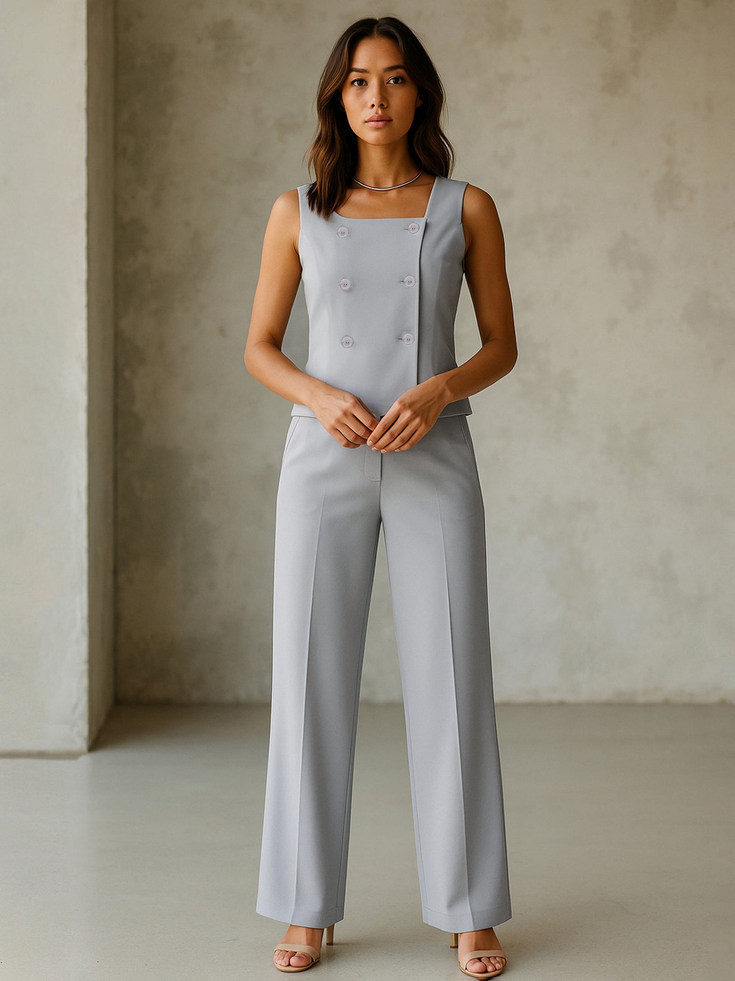 Women Grey Sleeveless Button Top With Straight Pants