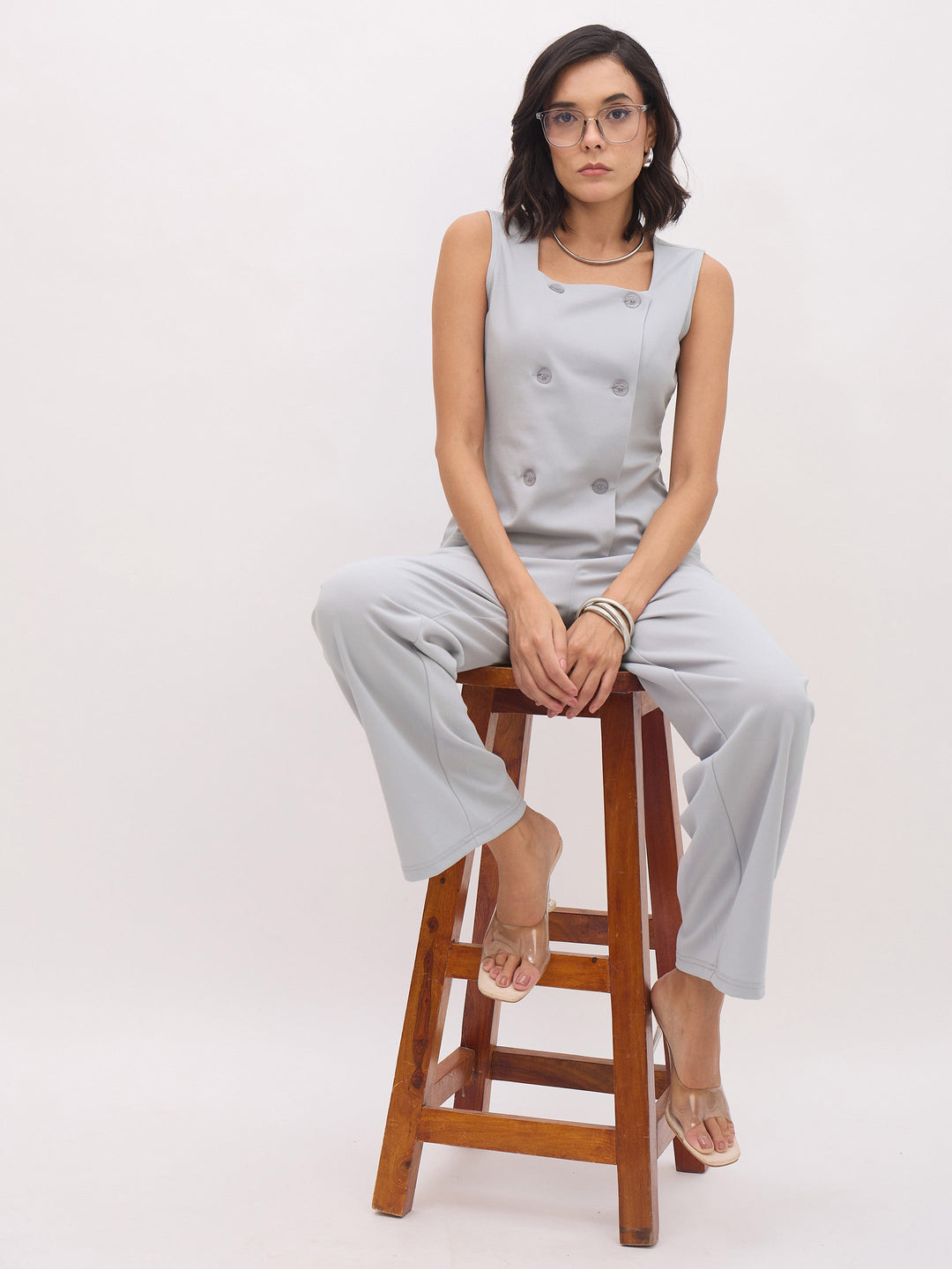 Women Grey Sleeveless Button Top With Straight Pants
