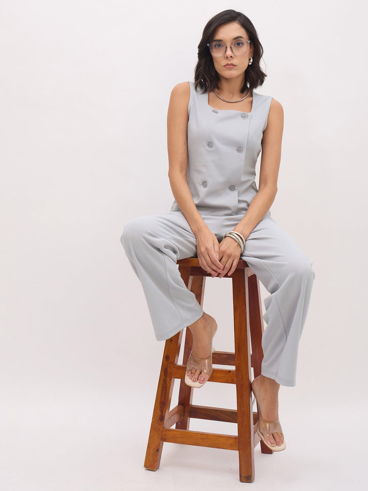 Women Grey Sleeveless Button Top With Straight Pants