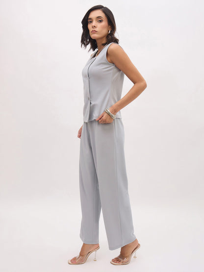 Women Grey Sleeveless Button Top With Straight Pants