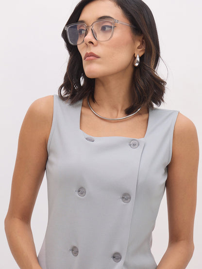 Women Grey Sleeveless Button Top With Straight Pants