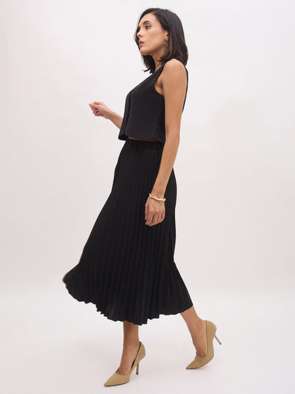Women Black Sleeveless Waistcoat With Midi Skirt