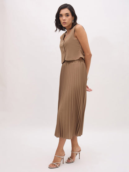Women Dark Beige Sleeveless Waistcoat With Midi Skirt