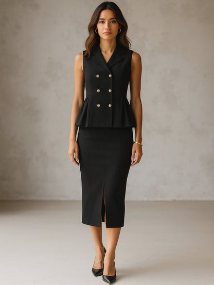 Women Black Sleeveless Notched Button Top With Skirt
